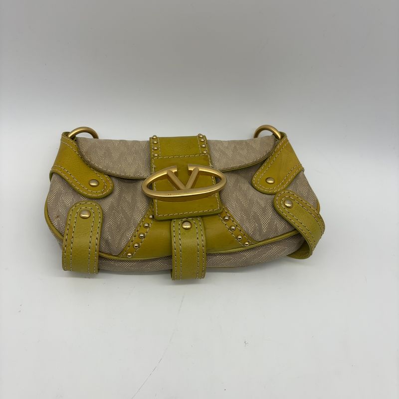 Valentino Garavani Women's Beige/Lime Green Leather/Canvas V Logo Shoulder Bag